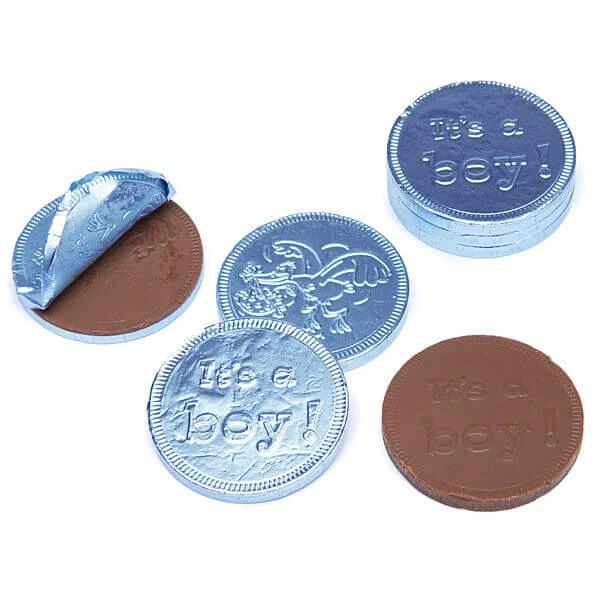 Blue Foiled Baby Boy Milk Chocolate Coins: 1LB Bag 1 Blue Foiled Baby Boy Milk Chocolate Coins: 1LB Bag